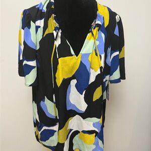 Nine West Black Abstract V-Neck Blouse with Blue, Yellow & Mint Accents